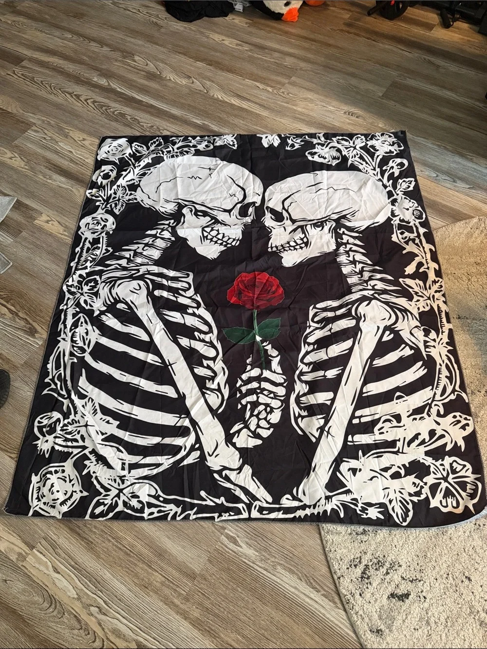 Romantic Skeleton Rose Tapestry - Black, White & Red